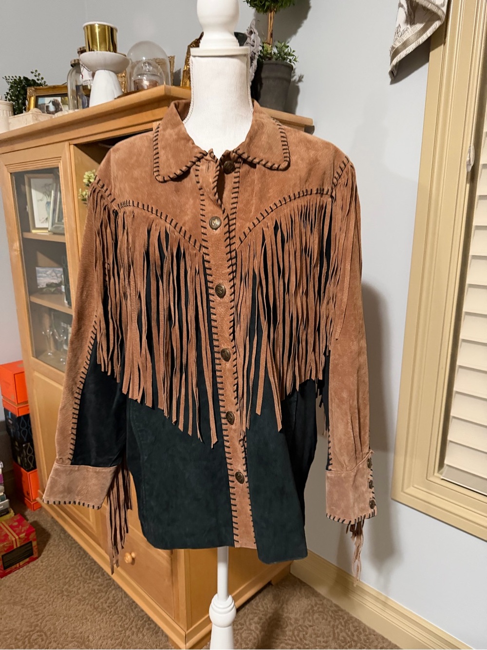 80s Bob Mackie Vintage Fringed Leather Suede Western Jacket Brown & Black Size L - Picture 3 of 15